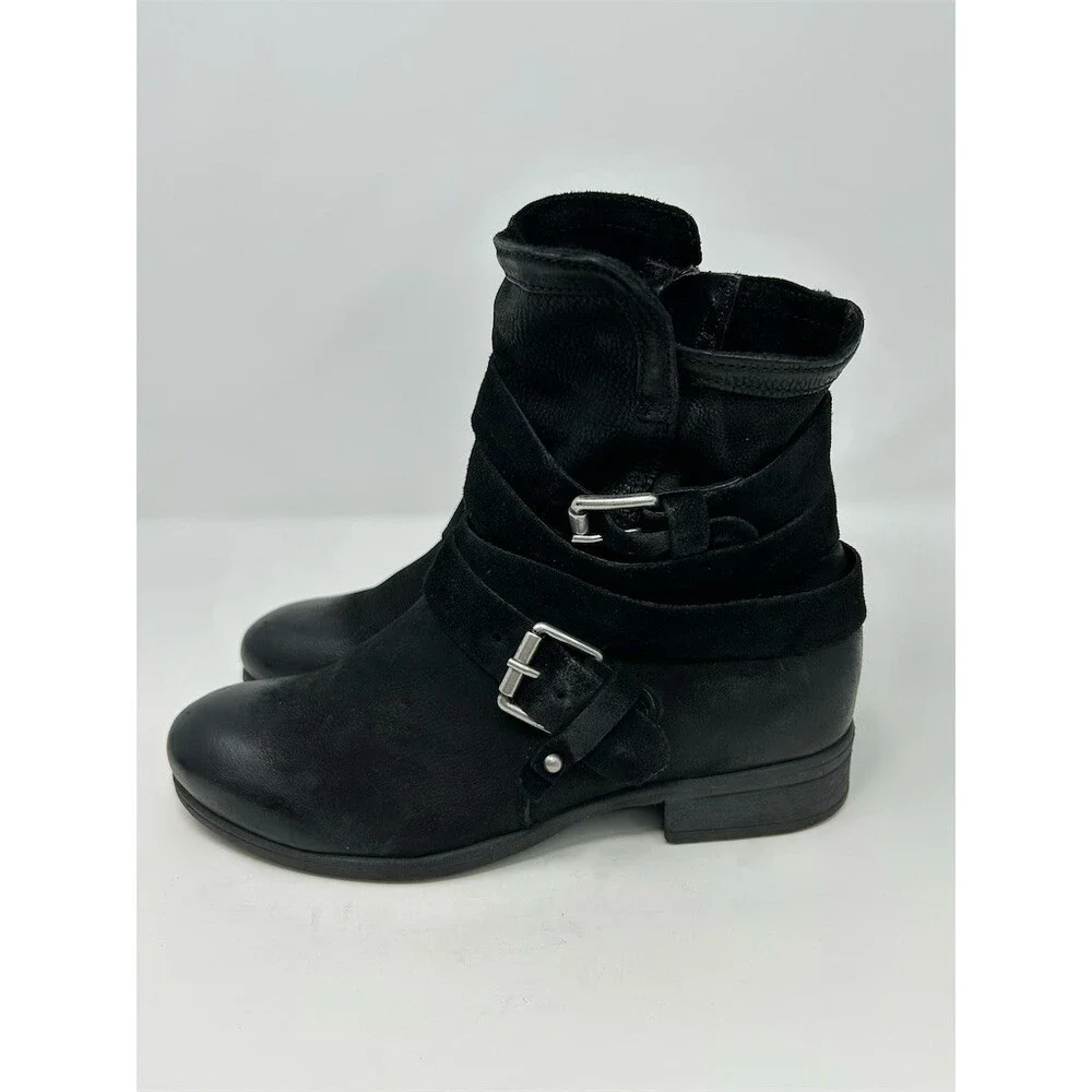 Miz Mooz Shane Womens Ankle Moto Bootie Black Side Zip Buckle Straps Size 39